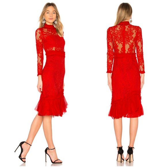 Alexis Anabella Lace Midi Dress in red size XS sheer panels long sleeve 0 2 - Picture 3 of 15